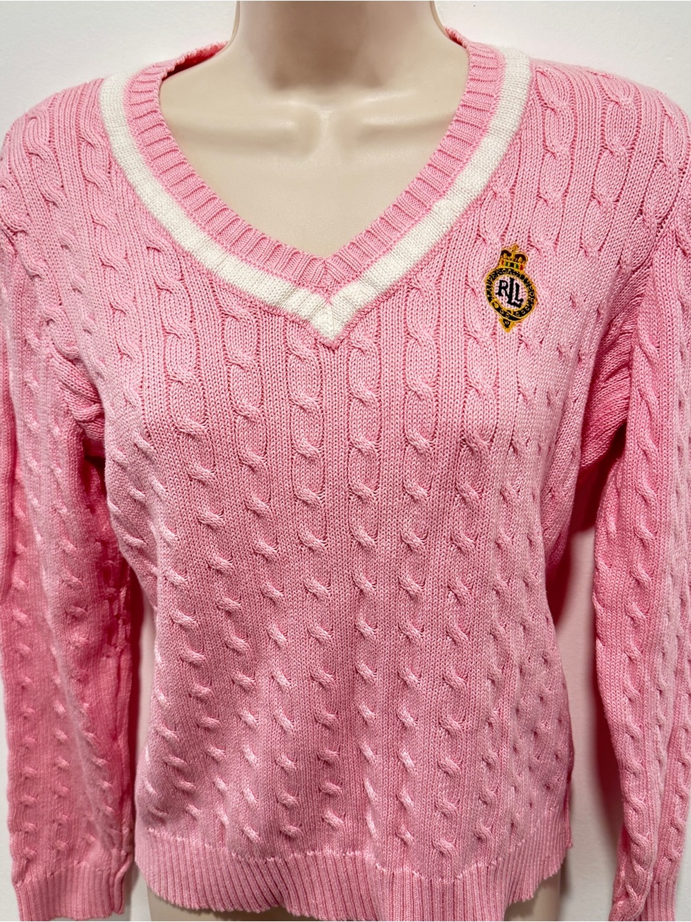 Ralph Lauren Active Sweater M Pink Cable Knit V-Neck Crest Cotton